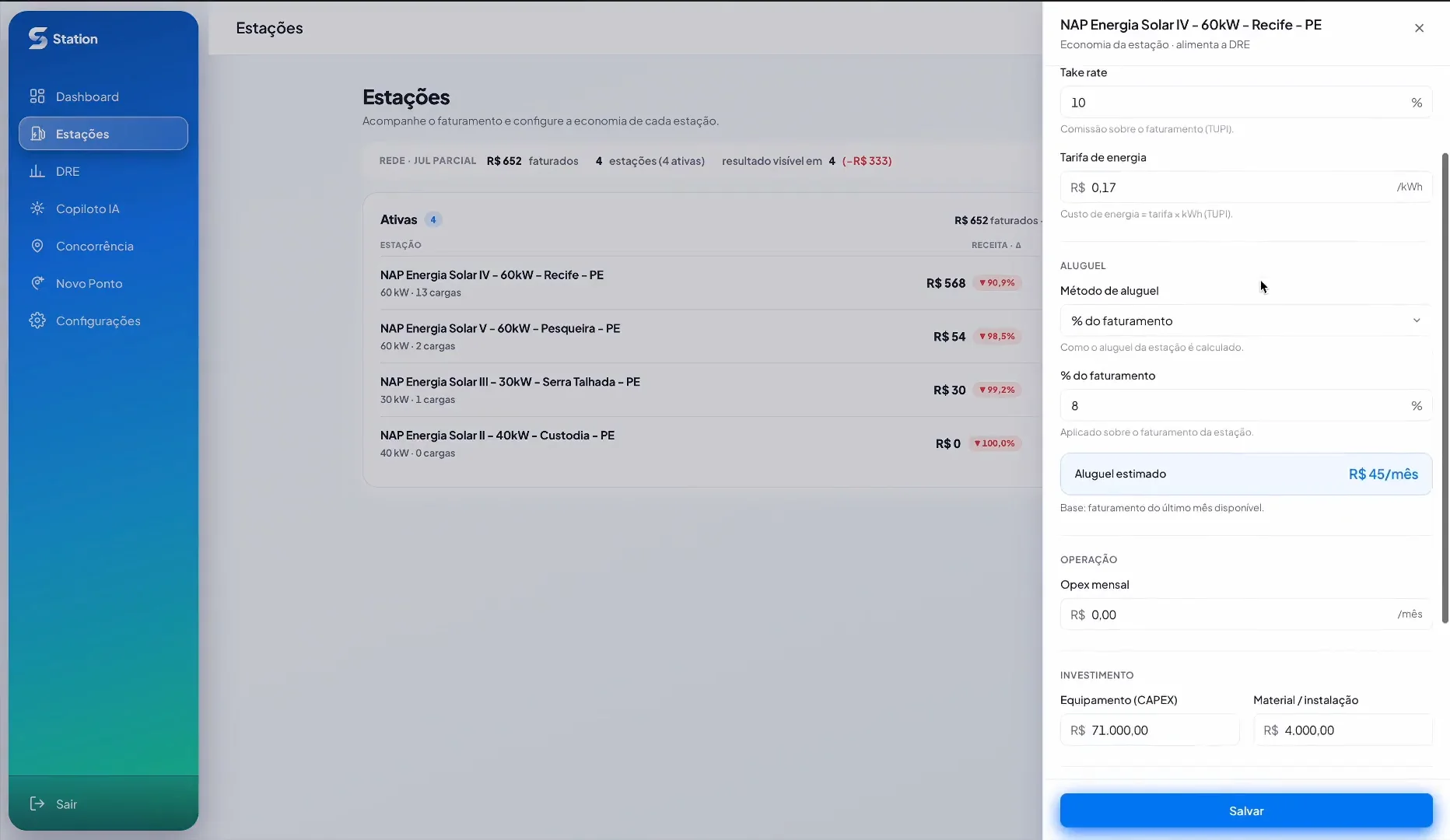 Tela real do Station: receita e resultado por estação, com custos de aluguel, operação e investimento configurados